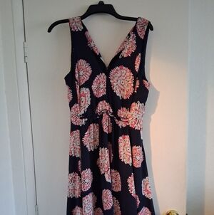 Navy Floral Sleeveless V-Neck Midi Dress